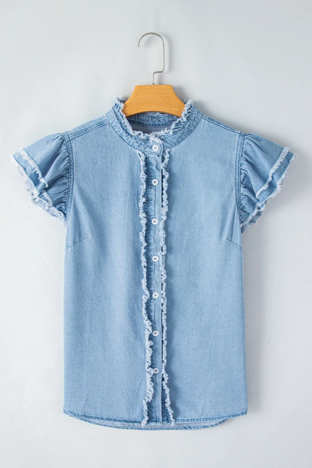 Rosemary Raw Hem Button Up Cap Sleeve Denim Top