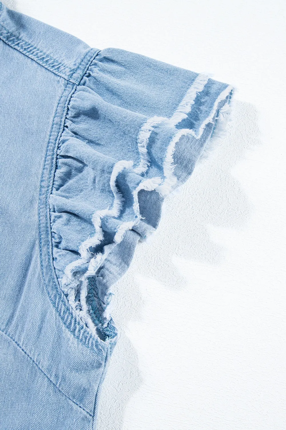 Rosemary Raw Hem Button Up Cap Sleeve Denim Top