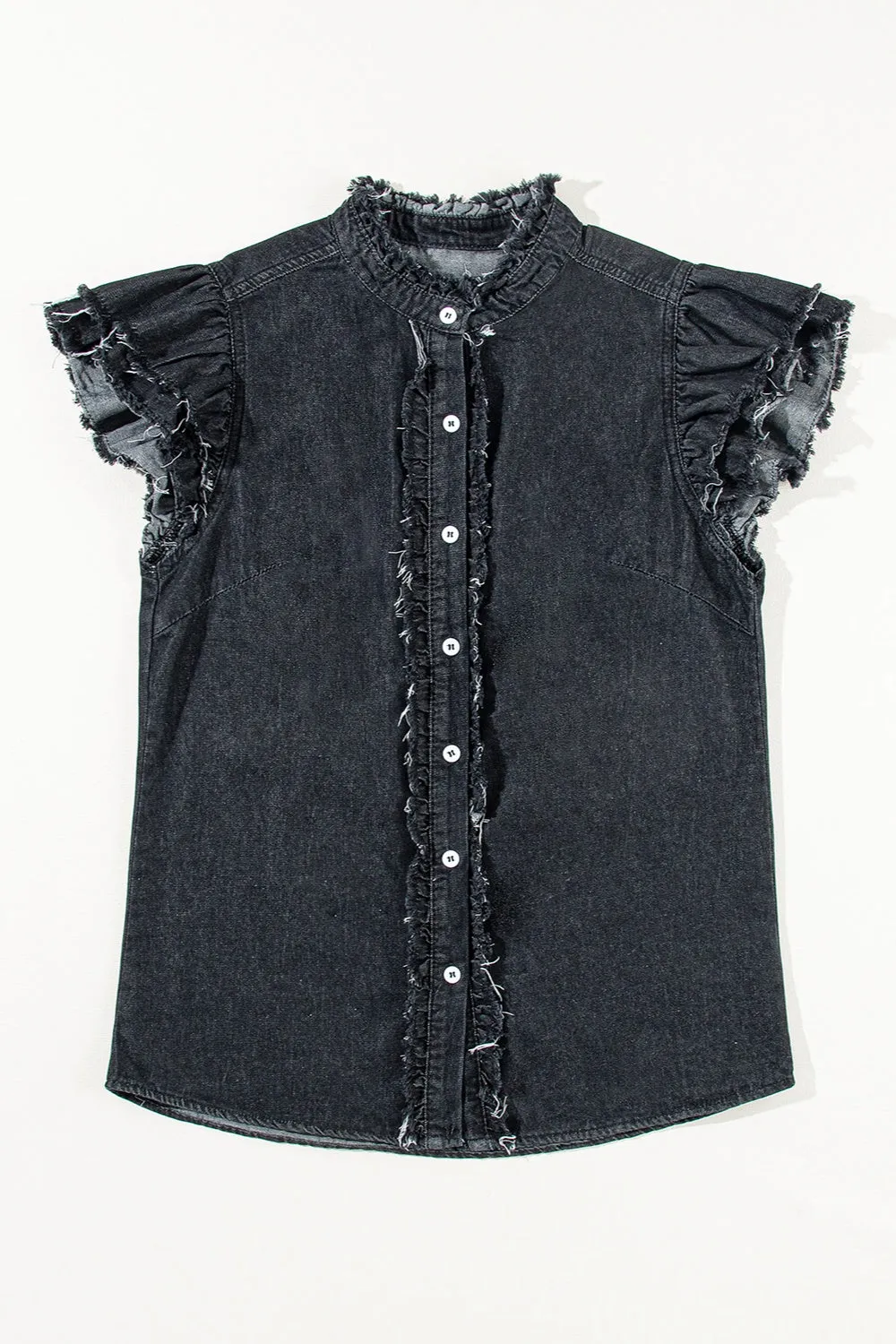 Rosemary Raw Hem Button Up Cap Sleeve Denim Top
