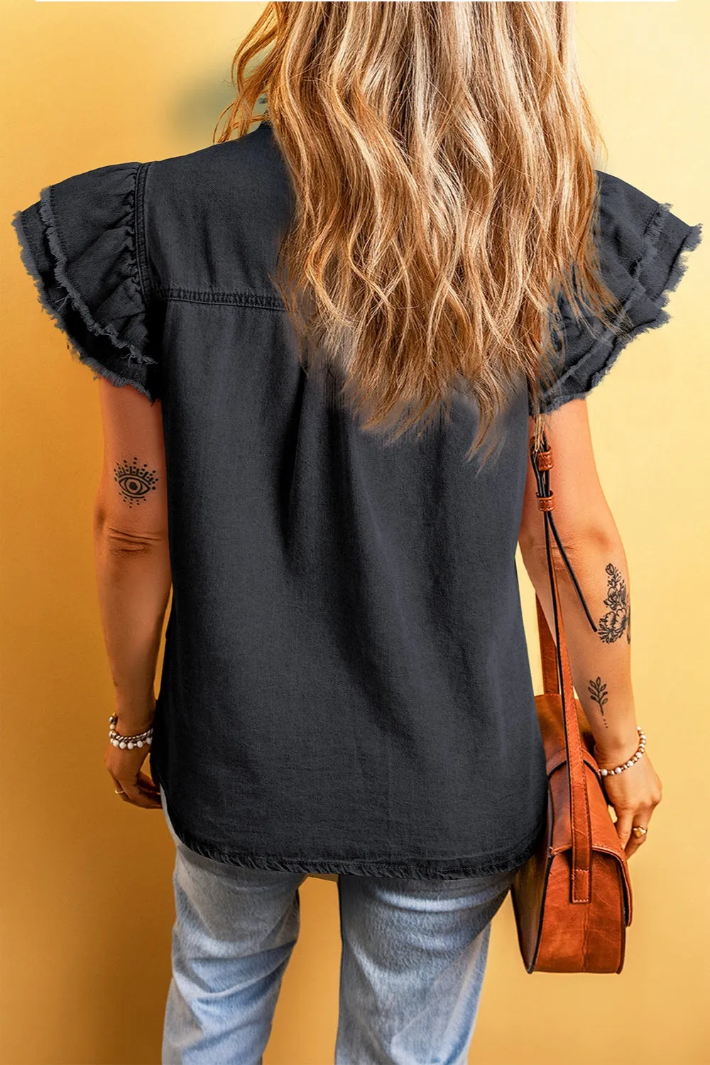 Rosemary Raw Hem Button Up Cap Sleeve Denim Top