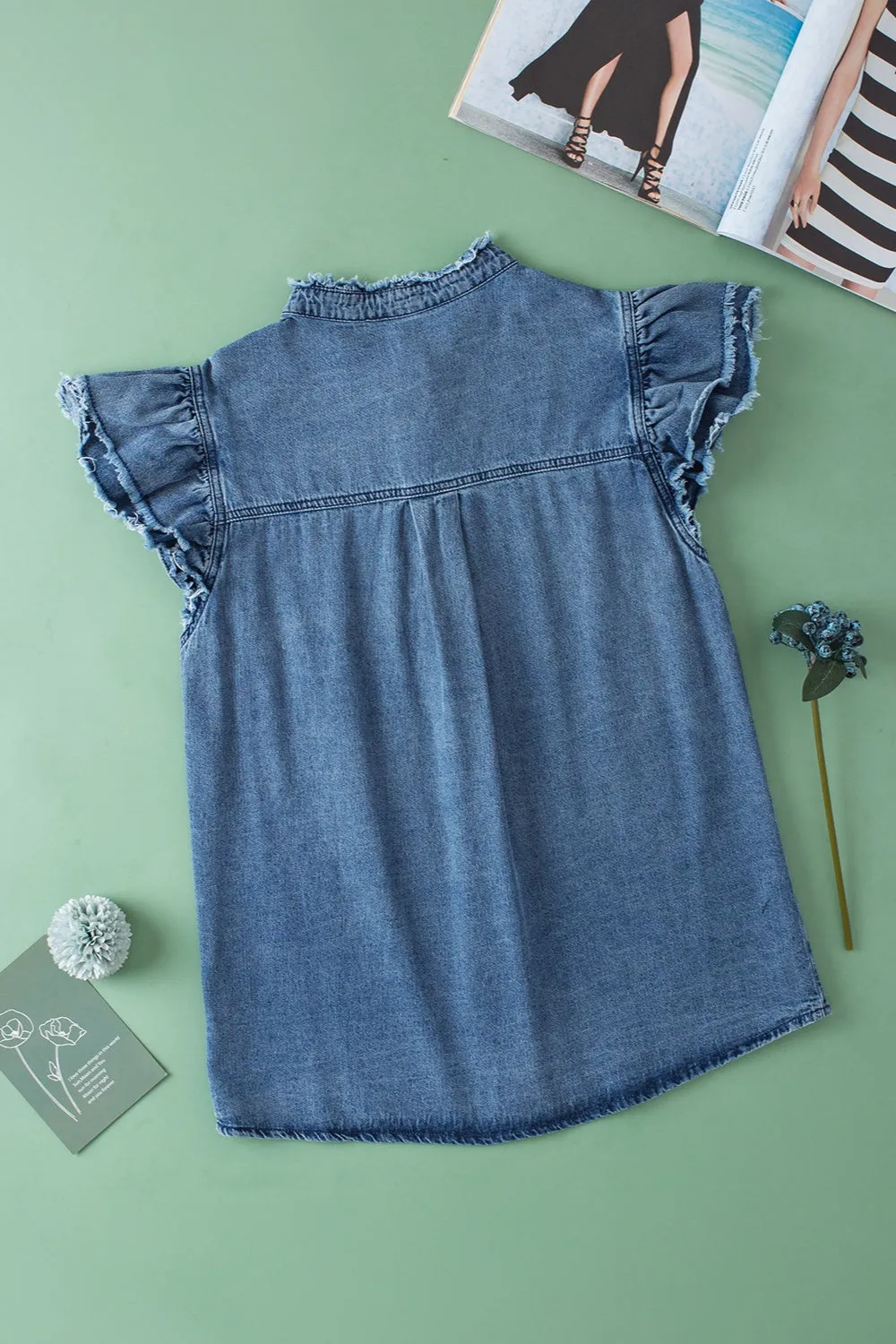 Rosemary Raw Hem Button Up Cap Sleeve Denim Top