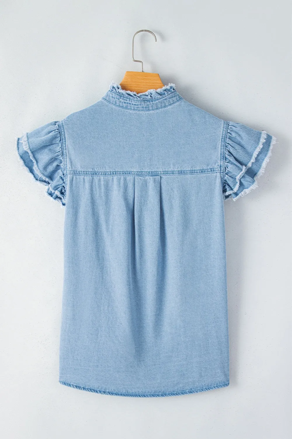 Rosemary Raw Hem Button Up Cap Sleeve Denim Top