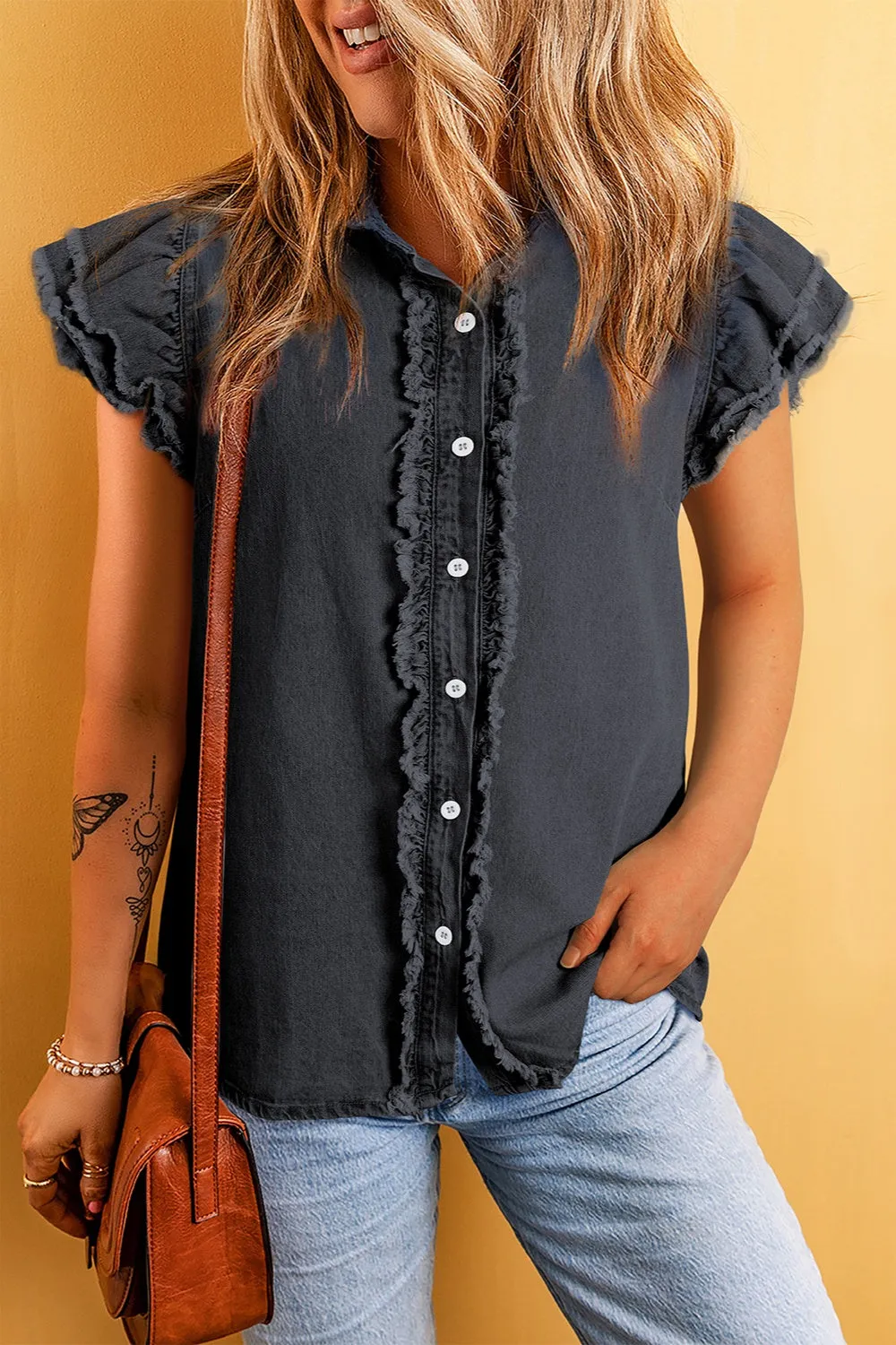 Rosemary Raw Hem Button Up Cap Sleeve Denim Top