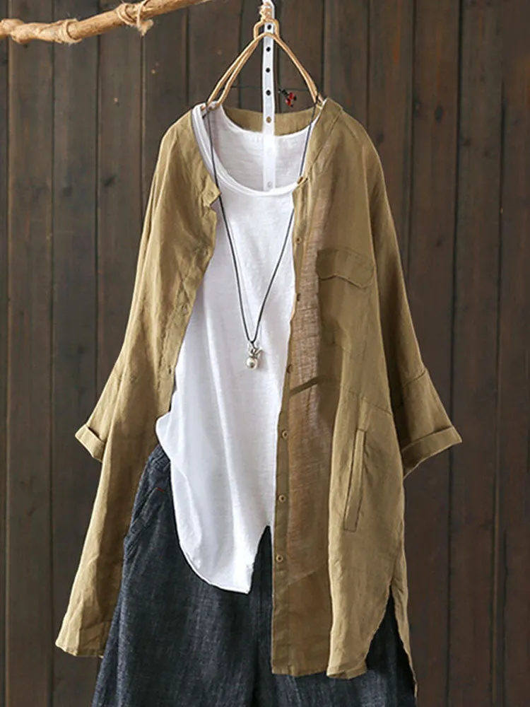 S-5XL Women Long Sleeve Button Down Cotton Asymmetric Vintage Blouse