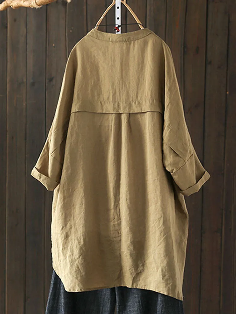 S-5XL Women Long Sleeve Button Down Cotton Asymmetric Vintage Blouse