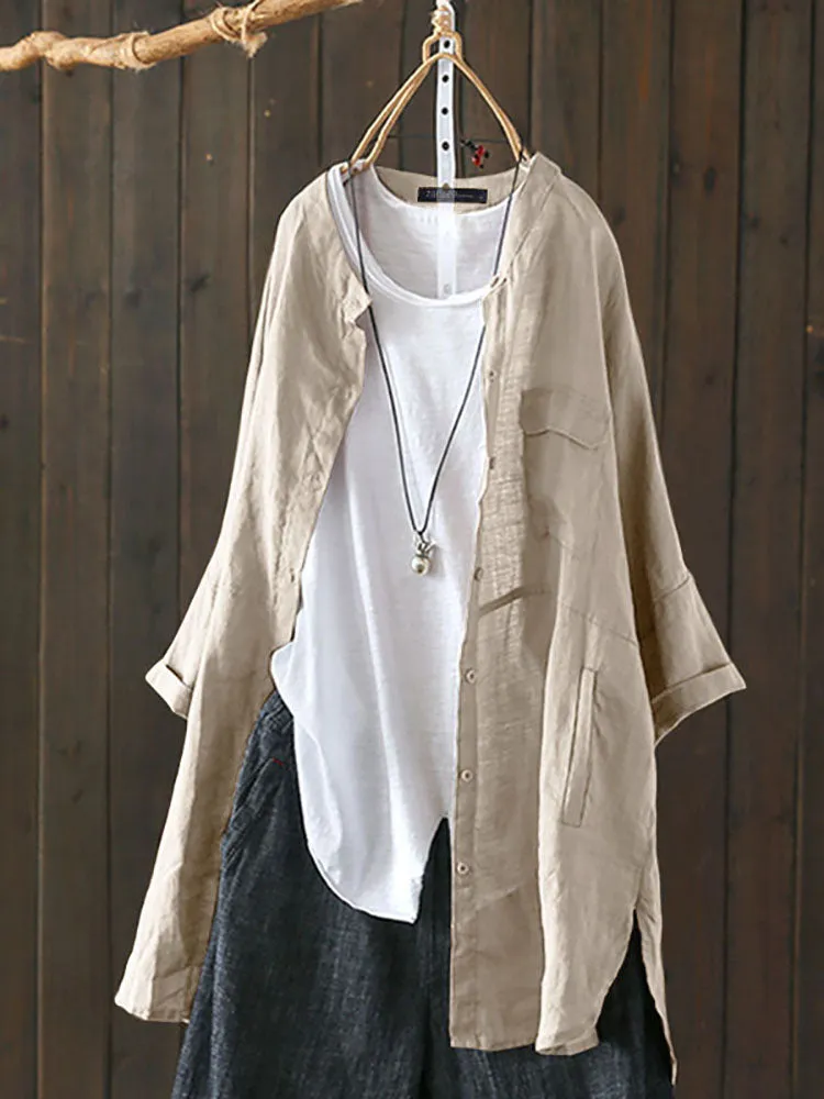 S-5XL Women Long Sleeve Button Down Cotton Asymmetric Vintage Blouse