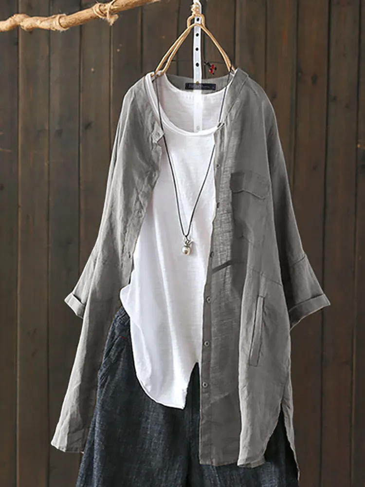 S-5XL Women Long Sleeve Button Down Cotton Asymmetric Vintage Blouse