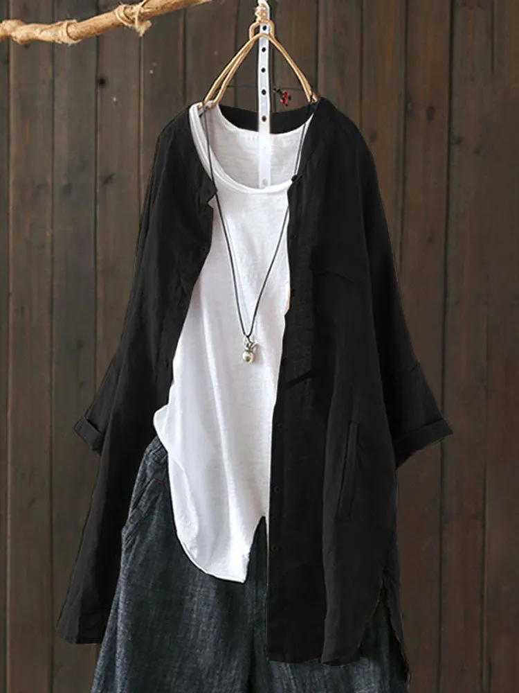 S-5XL Women Long Sleeve Button Down Cotton Asymmetric Vintage Blouse