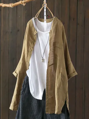 S-5XL Women Long Sleeve Button Down Cotton Asymmetric Vintage Blouse