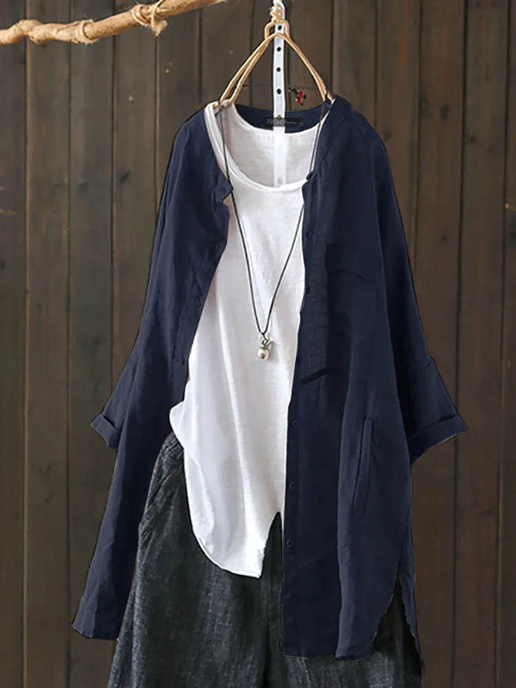 S-5XL Women Long Sleeve Button Down Cotton Asymmetric Vintage Blouse