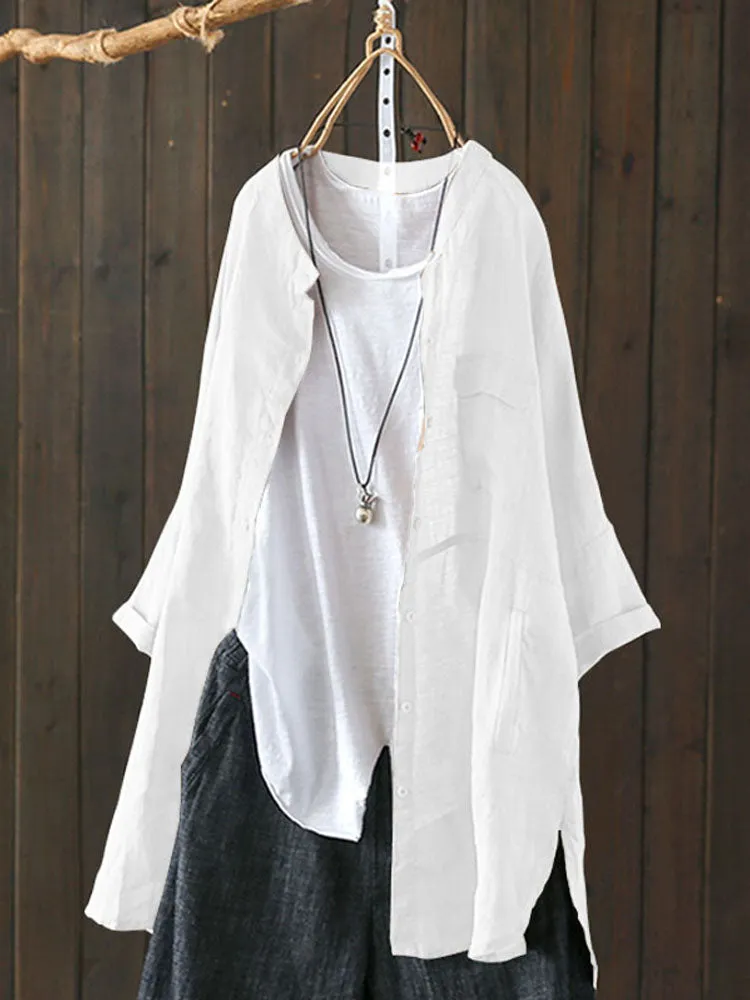 S-5XL Women Long Sleeve Button Down Cotton Asymmetric Vintage Blouse