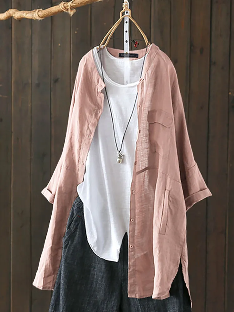 S-5XL Women Long Sleeve Button Down Cotton Asymmetric Vintage Blouse