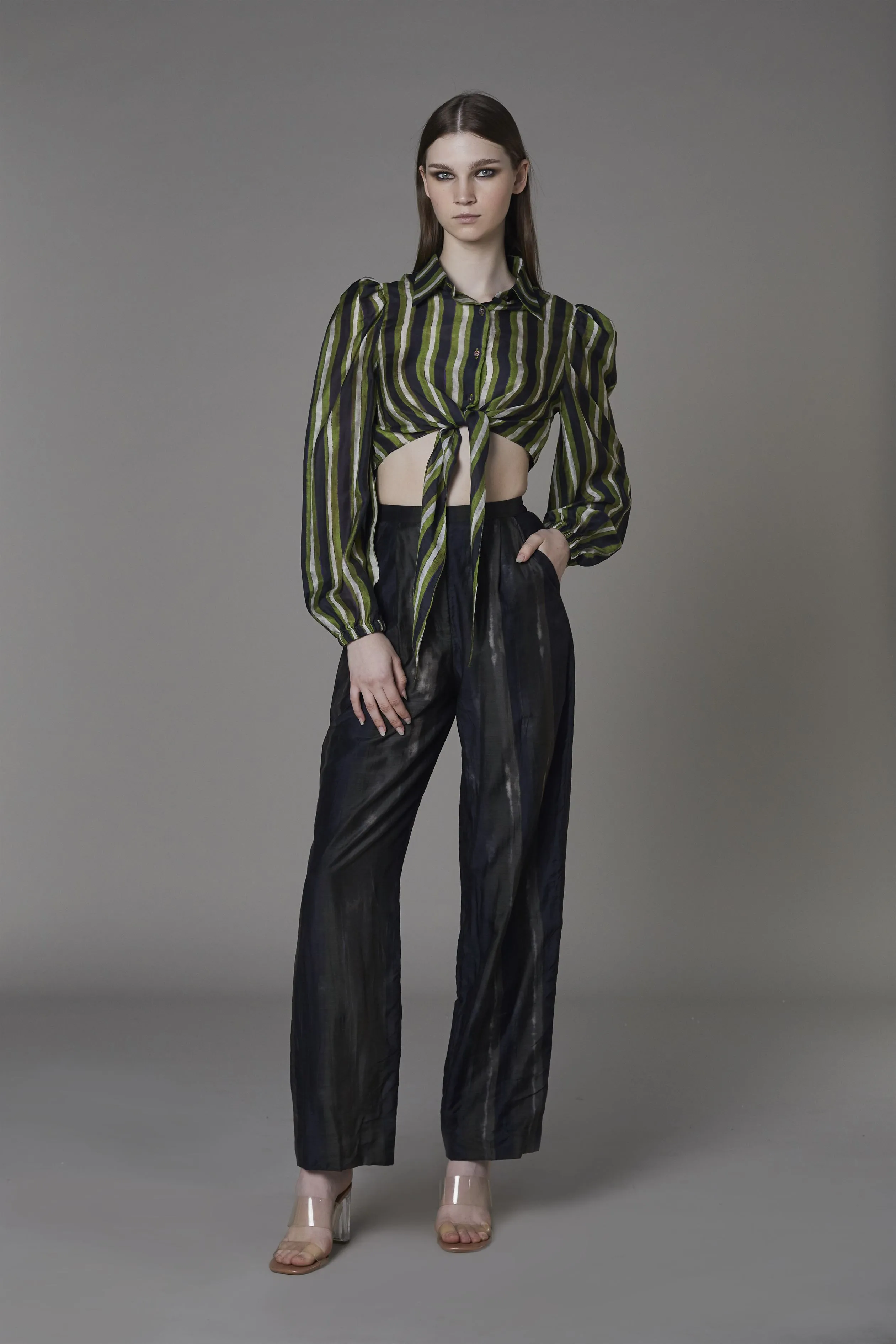 Saaksha & KinniÂ    I   Green stripe knot shirt  Olive black stripe pants Blouse - Cotton Silk  Trousers - Satin Blouse - Green / Black  Trousers - Olive / Black   SS22073    SS22074