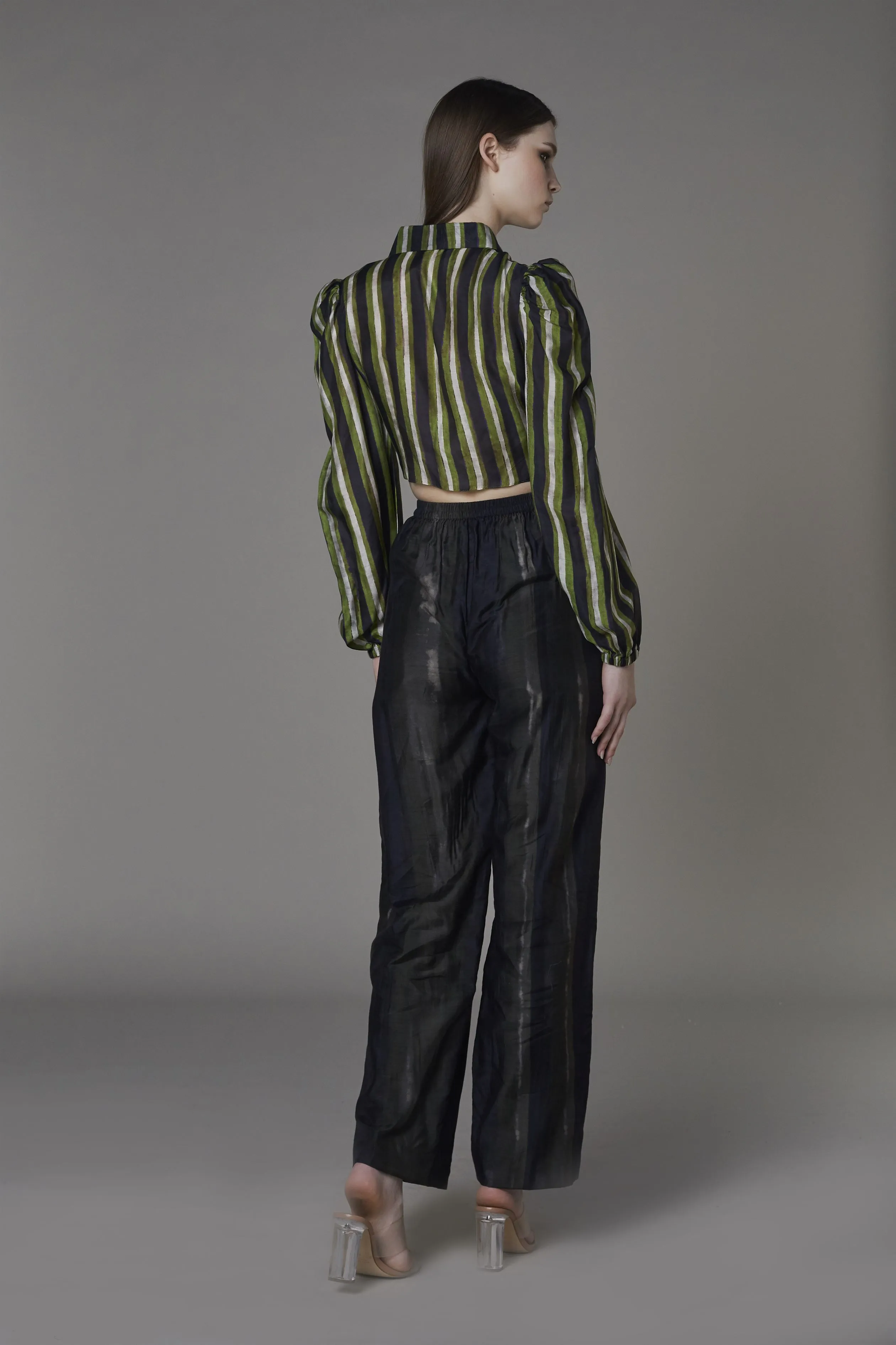 Saaksha & KinniÂ    I   Green stripe knot shirt  Olive black stripe pants Blouse - Cotton Silk  Trousers - Satin Blouse - Green / Black  Trousers - Olive / Black   SS22073    SS22074