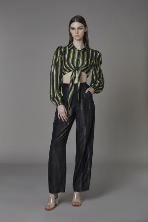 Saaksha & KinniÂ    I   Green stripe knot shirt  Olive black stripe pants Blouse - Cotton Silk  Trousers - Satin Blouse - Green / Black  Trousers - Olive / Black   SS22073    SS22074