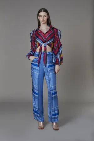 Saaksha & KinniÂ    I   Pink blue big diamond knot shirt  Light blue/blue stripe pants Blouse - Cotton Silk  Trousers - Satin Blouse - Red/Multi  Trousers - Blue   SS22122    SS22123