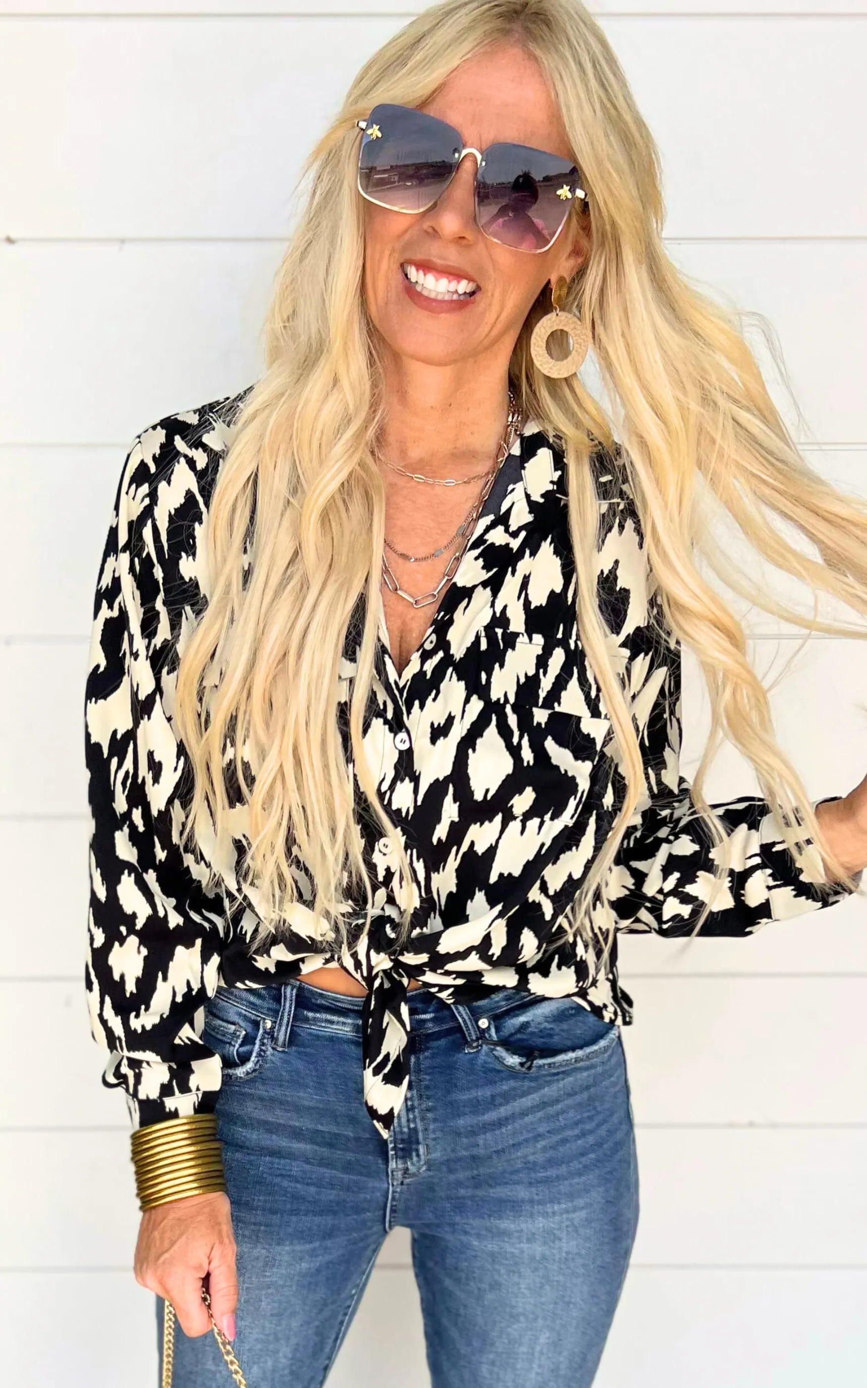 Satin Animal Print Button Down Top - Black | FINAL SALE