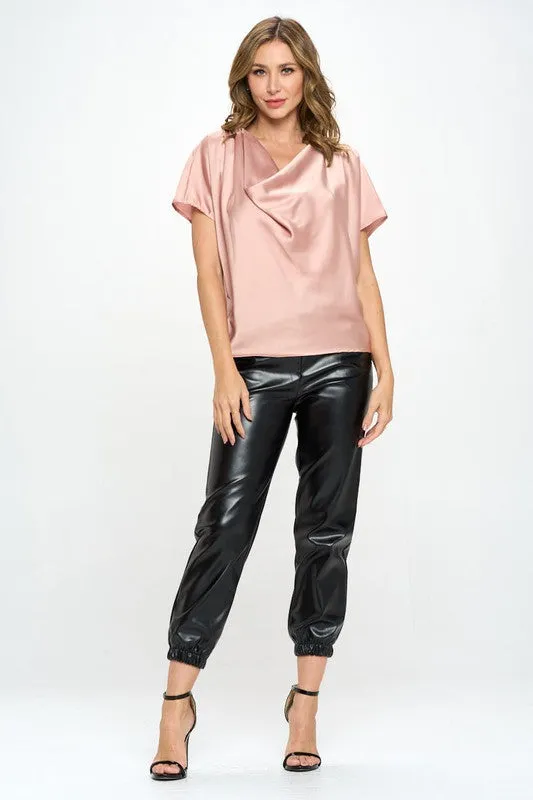 Satin Cowl Neck Short Sleeve Top