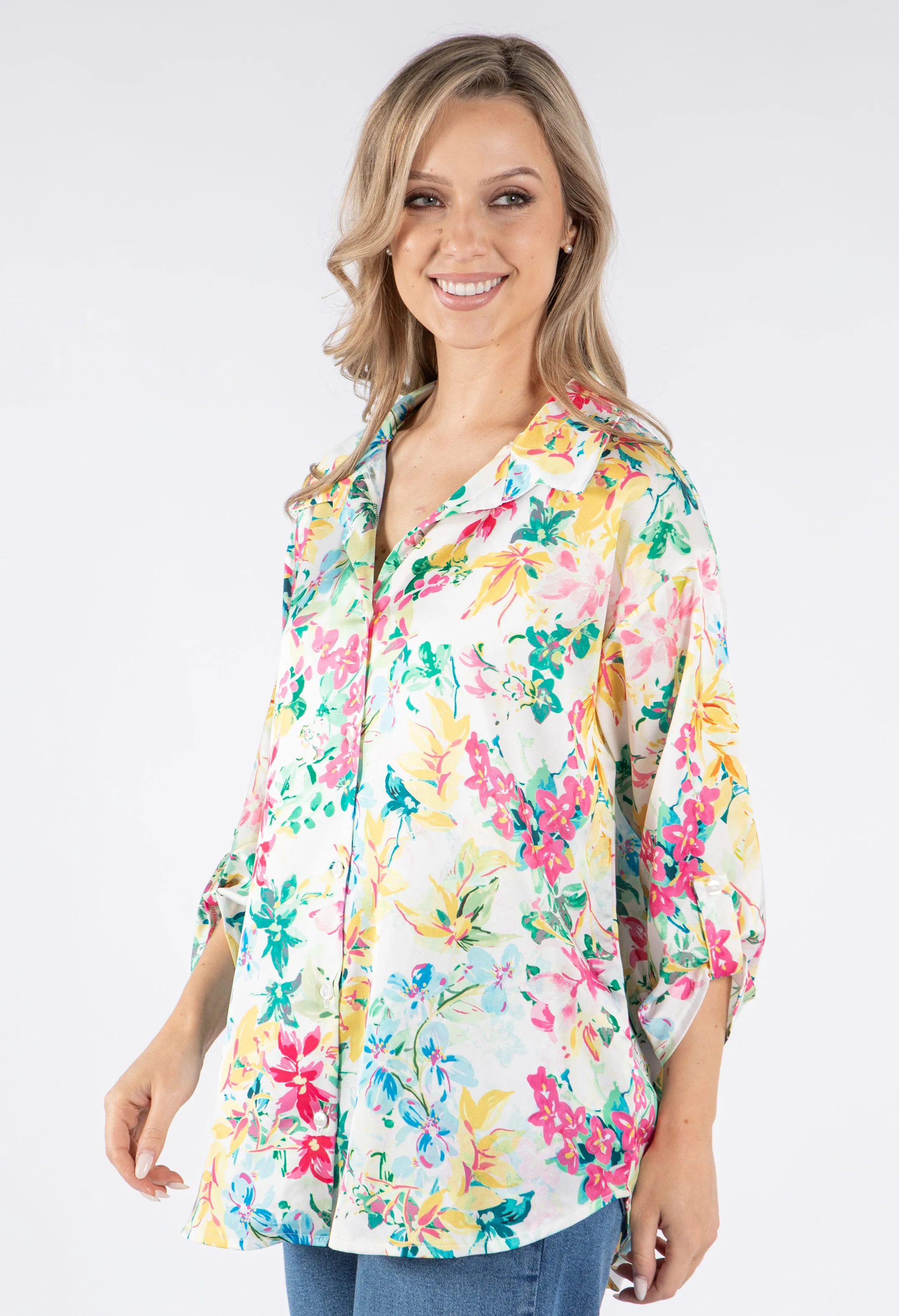 Satin Feel Summer Floral Print Shirt