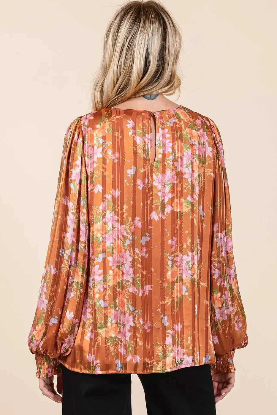 Satin Gold Lurex Striped Chiffon Top – Shimmery Long Sleeve Elegance