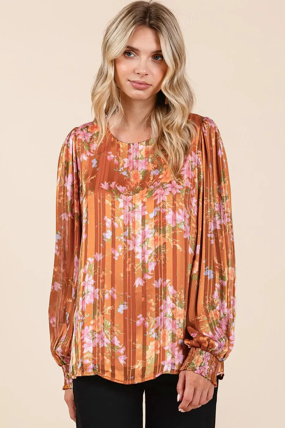 Satin Gold Lurex Striped Chiffon Top – Shimmery Long Sleeve Elegance