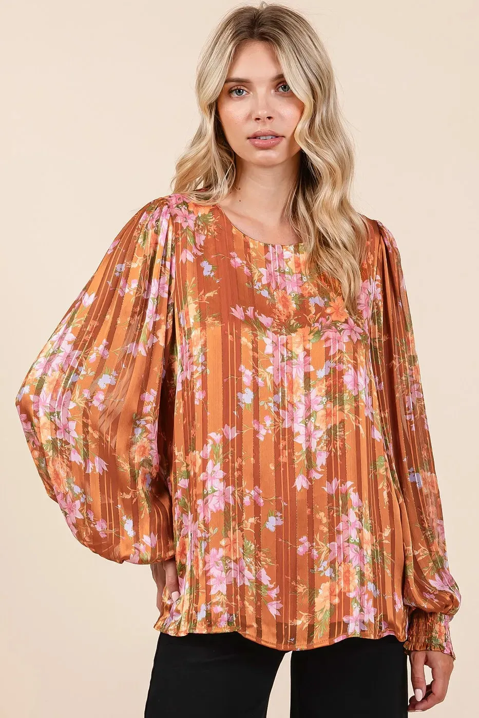 Satin Gold Lurex Striped Chiffon Top – Shimmery Long Sleeve Elegance