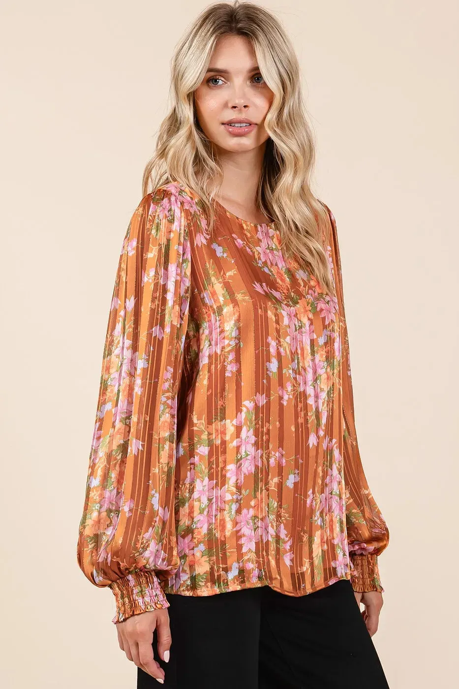 Satin Gold Lurex Striped Chiffon Top – Shimmery Long Sleeve Elegance