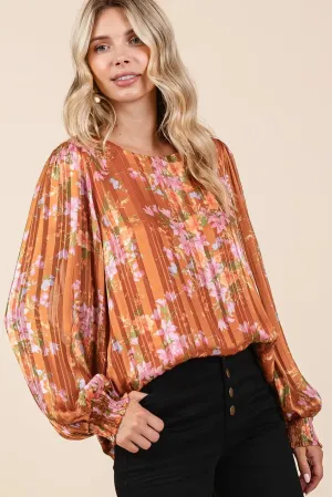 Satin Gold Lurex Striped Chiffon Top – Shimmery Long Sleeve Elegance