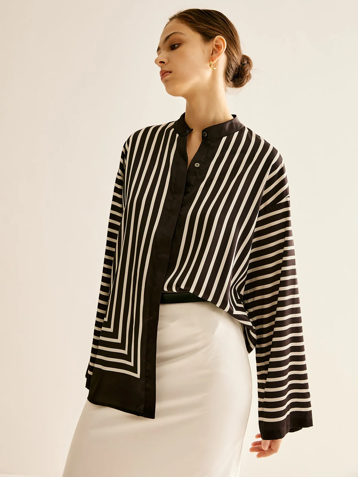 Satin Striped Button Cozy Blouse