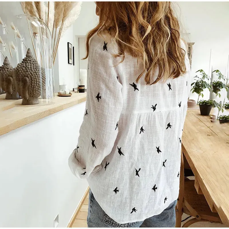 Scarlett - Relaxed Bird-Print Button-Up Blouse