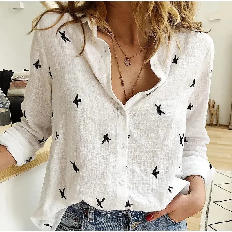 Scarlett - Relaxed Bird-Print Button-Up Blouse