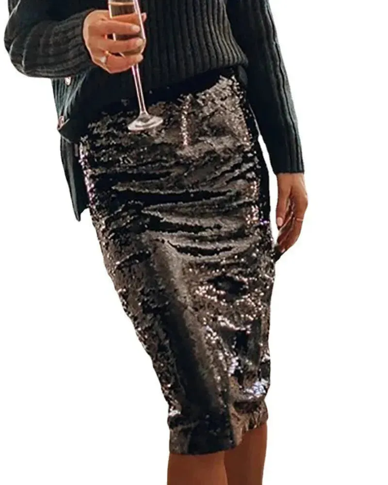 Sequined Glittering Hip A Line Pencil Midi Skirt