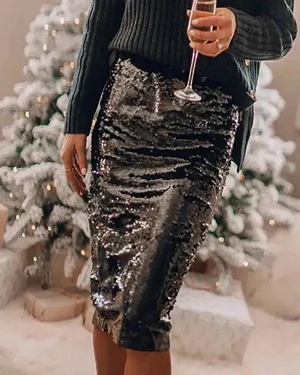 Sequined Glittering Hip A Line Pencil Midi Skirt