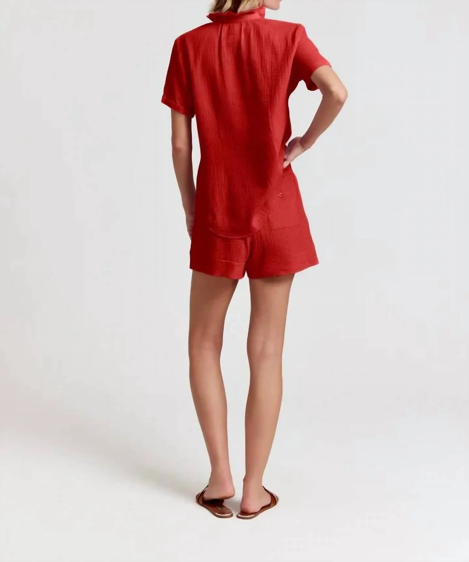 Short Sleeve Loose Back Shirt Gauze In Ruby