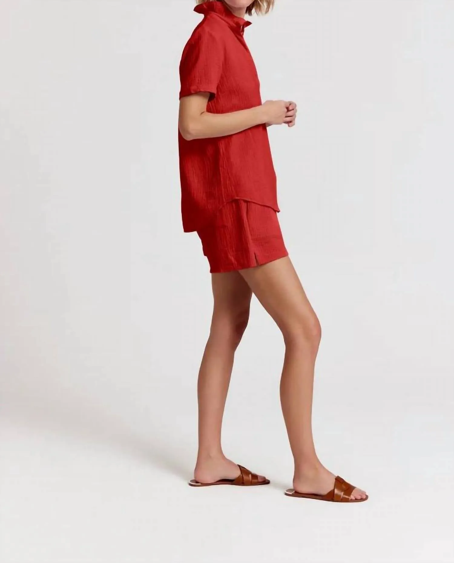 Short Sleeve Loose Back Shirt Gauze In Ruby