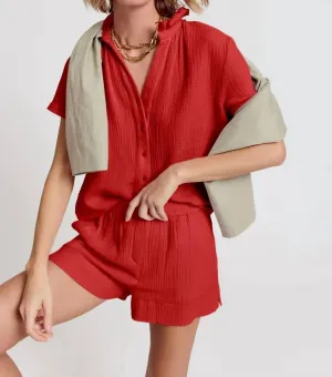 Short Sleeve Loose Back Shirt Gauze In Ruby