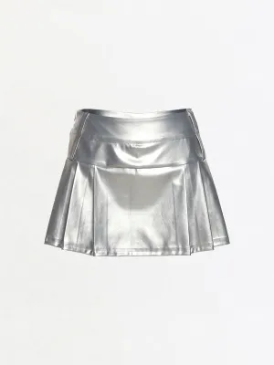 Silver PU Leather Pleated Skirt