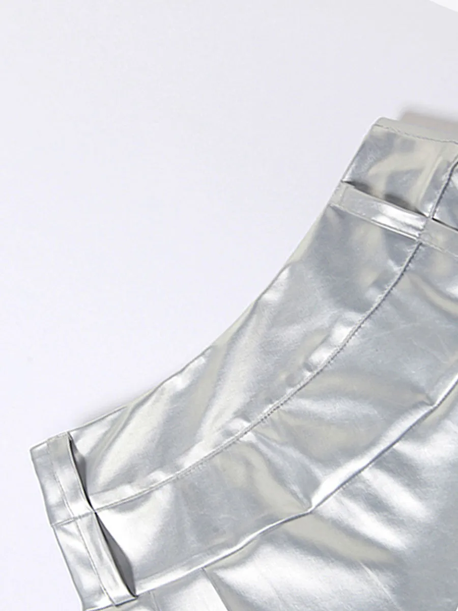 Silver PU Leather Pleated Skirt