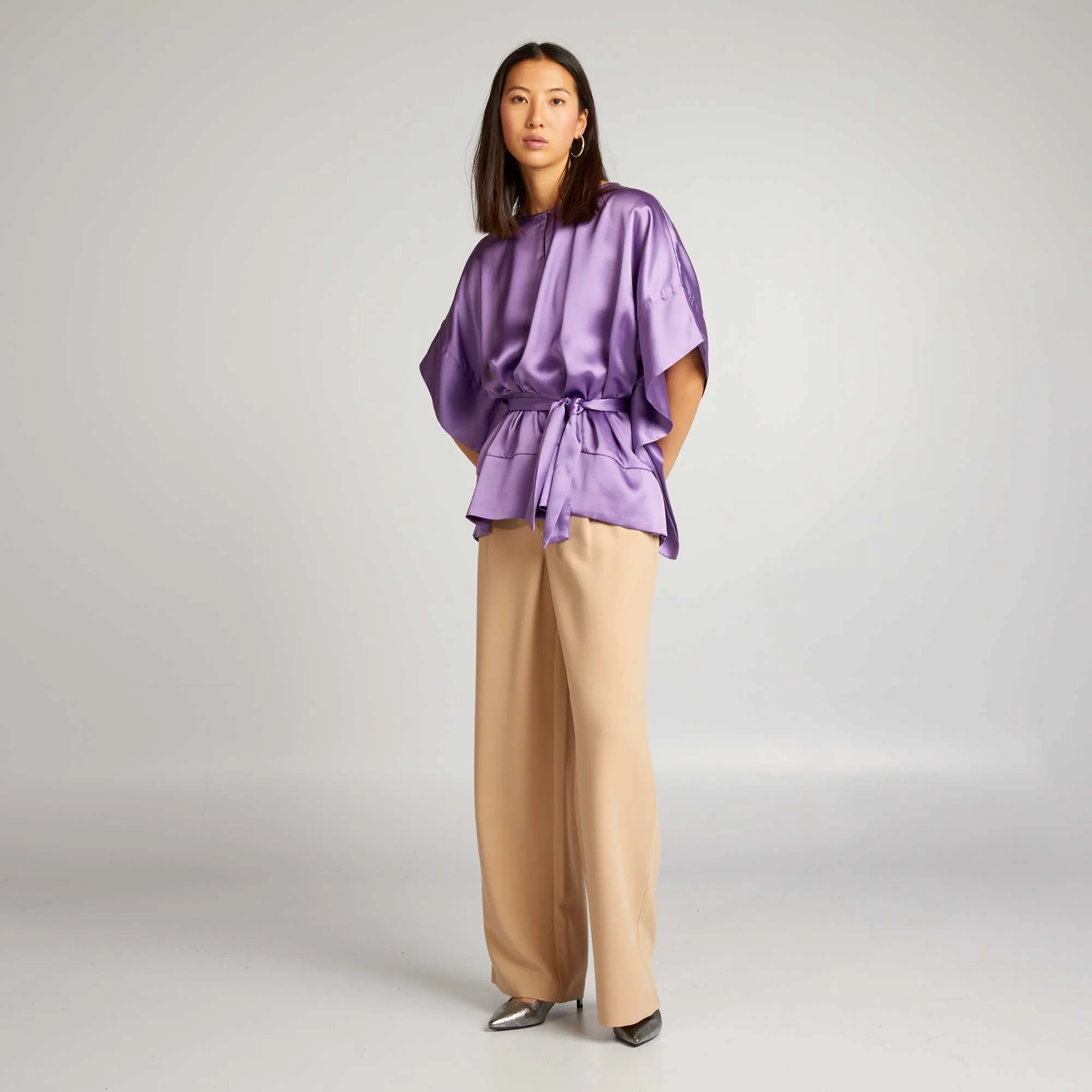 Sleeveless plain satin-effect blouse PURPLE
