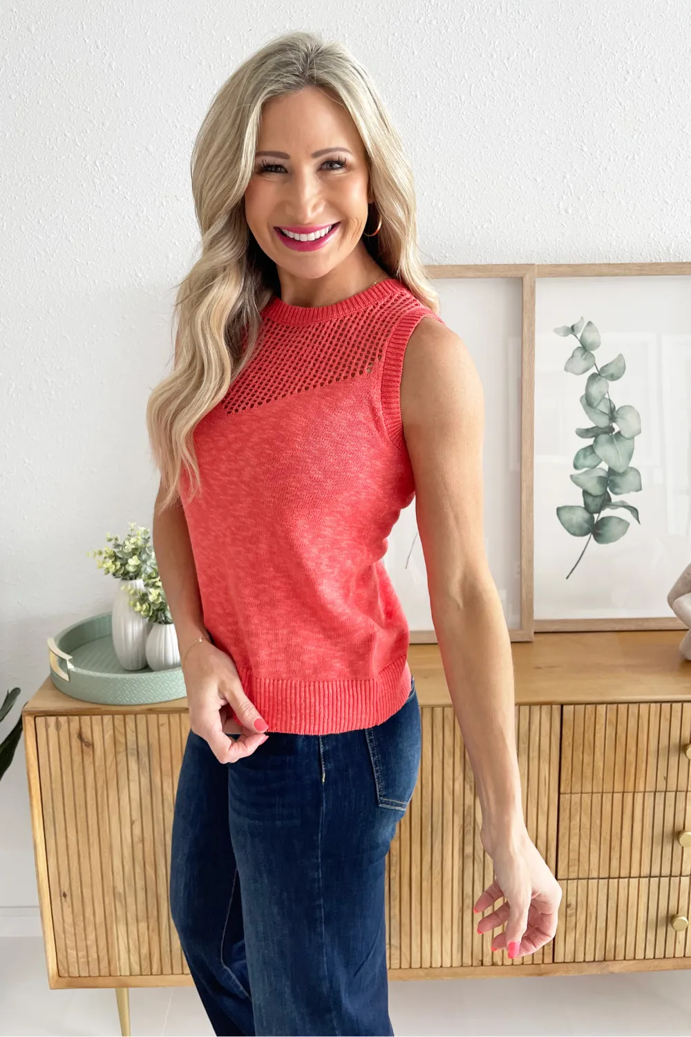 Sleeveless Pointelle Detail Pullover Sweater