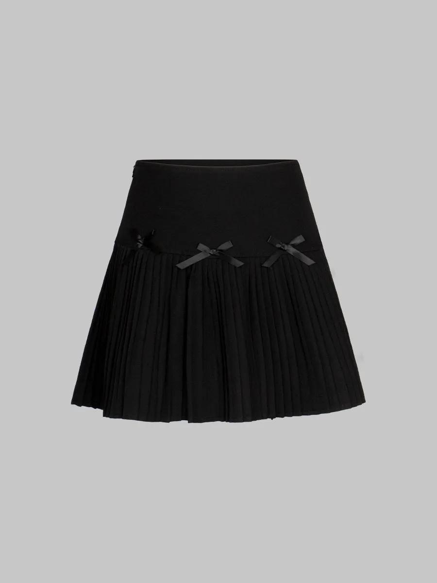 Solid Color Bow Pleated Skirt