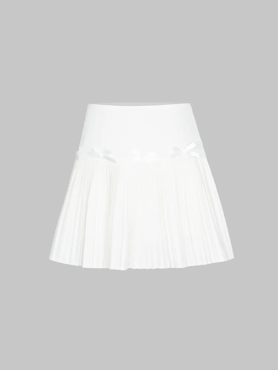 Solid Color Bow Pleated Skirt