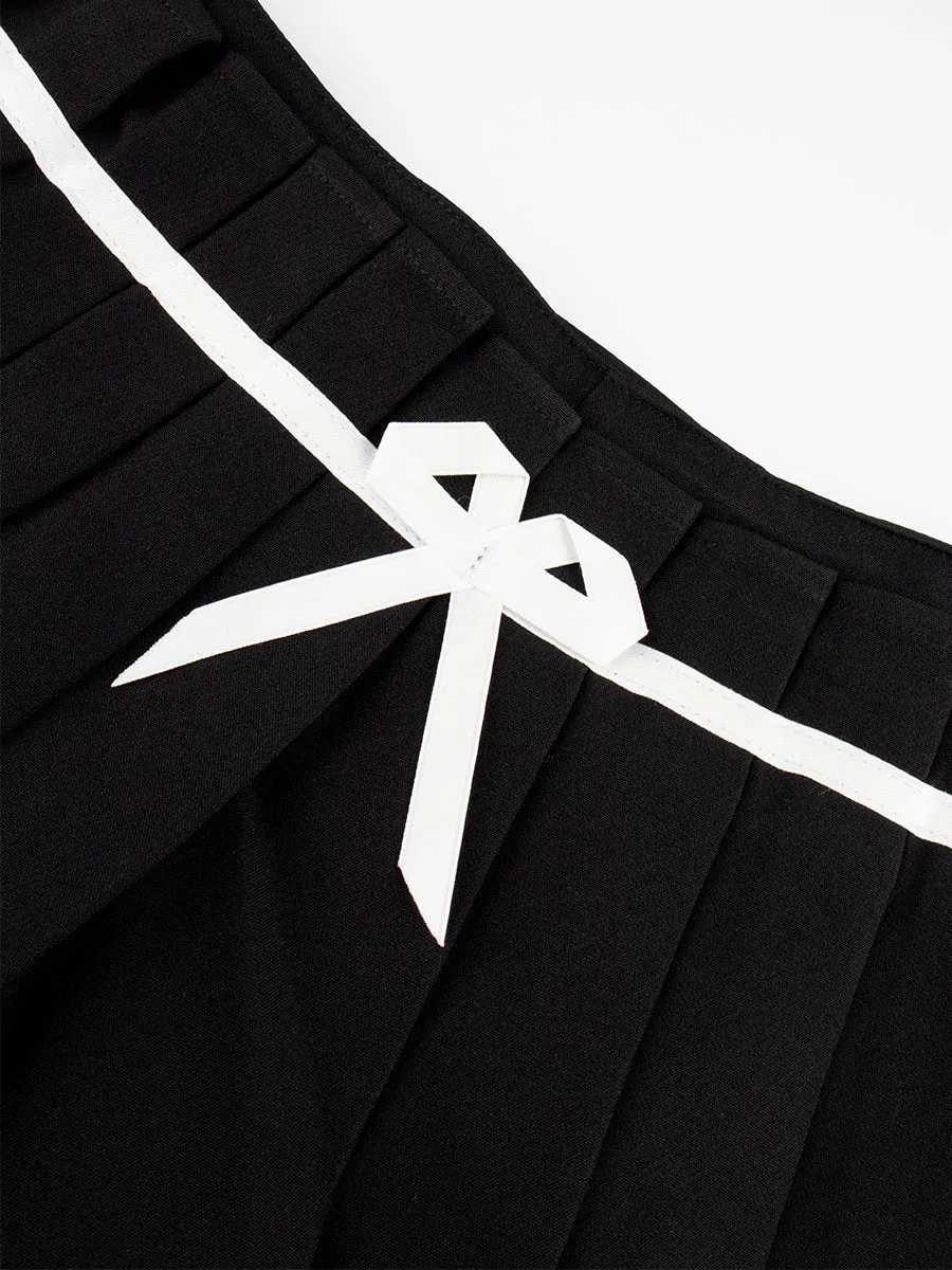 Solid Color Fake Two Pieces Bow Pleated Skirt