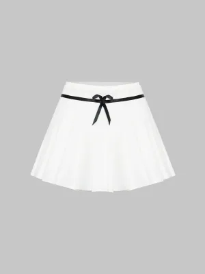Solid Color Fake Two Pieces Bow Pleated Skirt