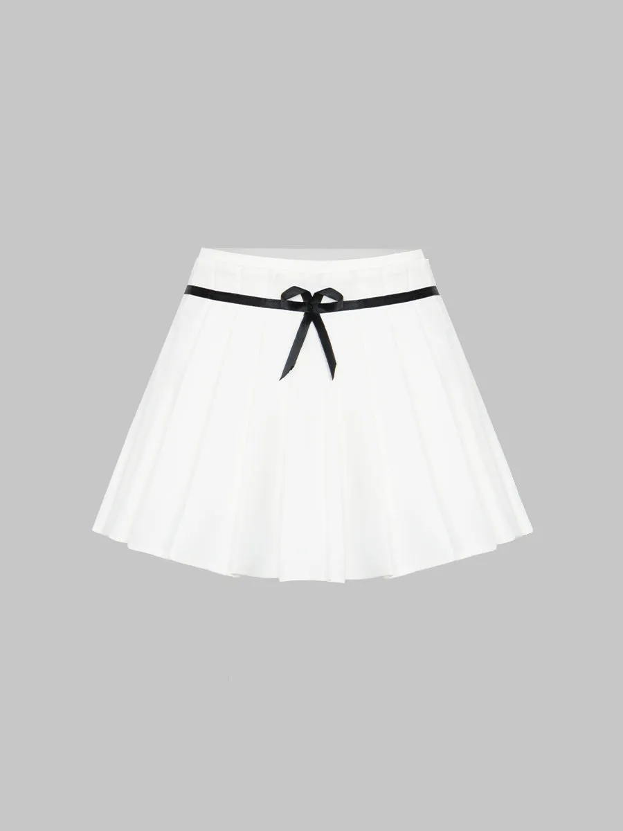 Solid Color Fake Two Pieces Bow Pleated Skirt
