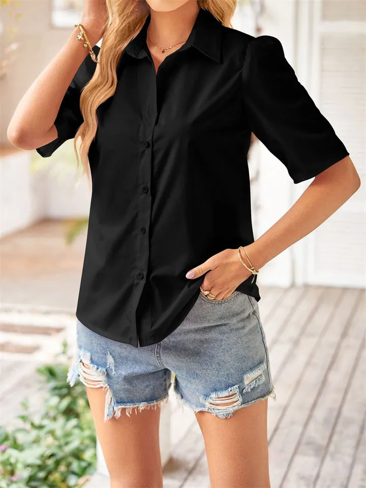 Solid Color Slim Fit Button Up Short Sleeve Shirt for Women