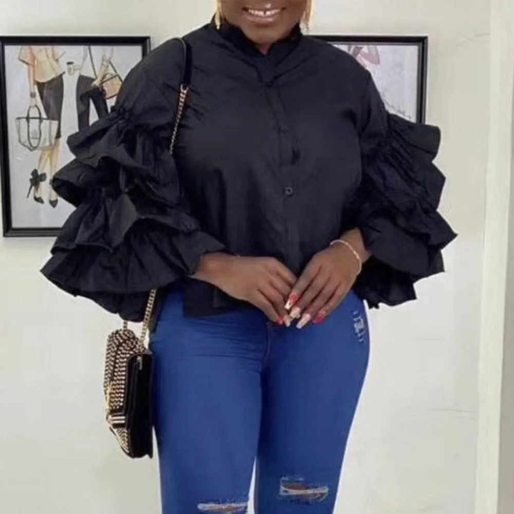 spring new 2021 solid ruffle sleeve falbala shirt blouse stand collar plus size fashion party tops 5 colors green blousa african
