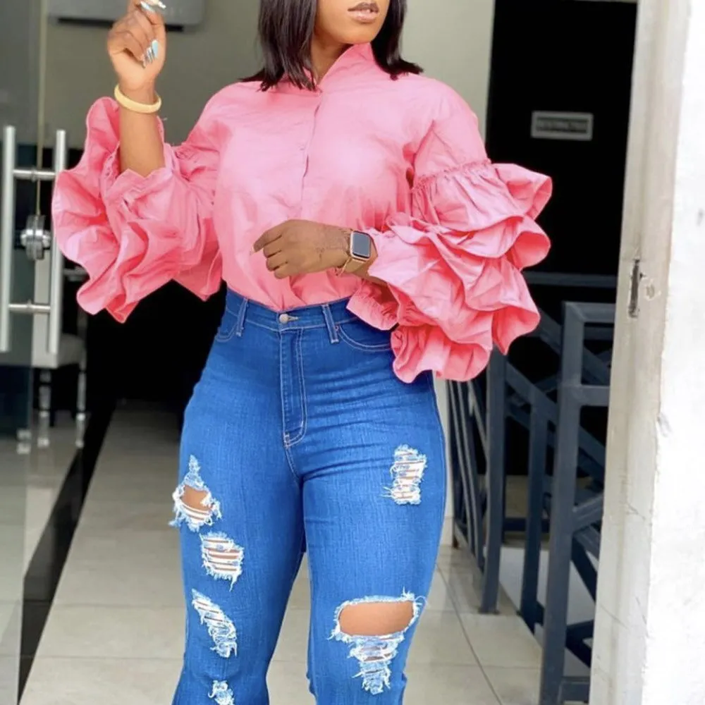 spring new 2021 solid ruffle sleeve falbala shirt blouse stand collar plus size fashion party tops 5 colors green blousa african