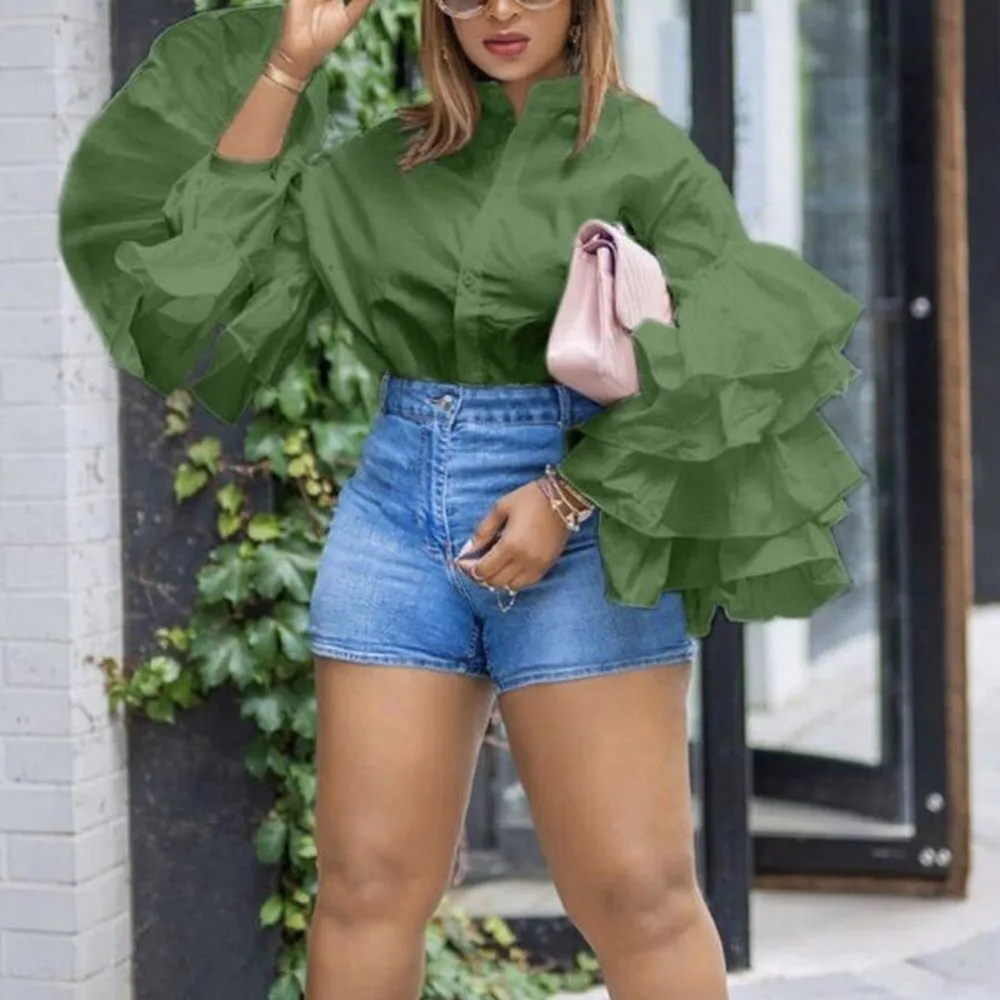 spring new 2021 solid ruffle sleeve falbala shirt blouse stand collar plus size fashion party tops 5 colors green blousa african