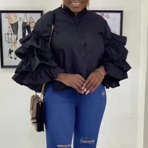 spring new 2021 solid ruffle sleeve falbala shirt blouse stand collar plus size fashion party tops 5 colors green blousa african